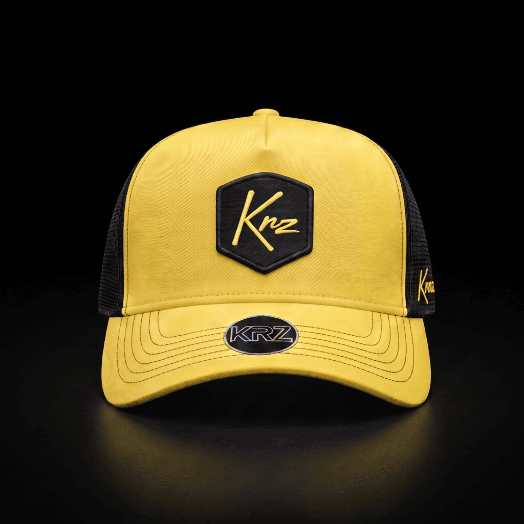 KRZ Yellow & Black Resilient Trucker Cap with black shield logo patch