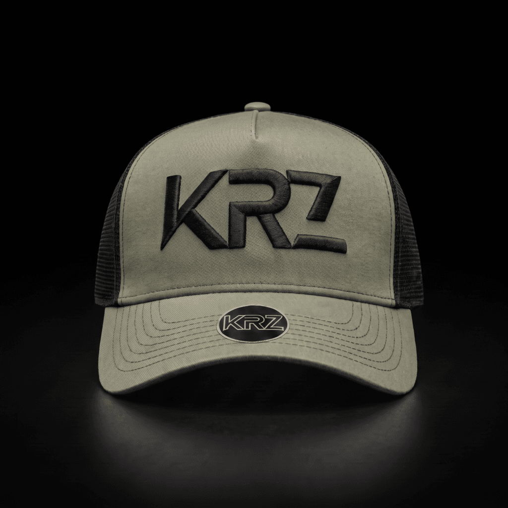KRZ Khaki Green & Black Trucker Cap with black embroidered KRZ logo