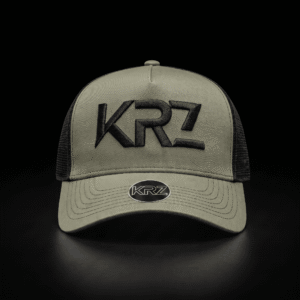 KRZ Khaki Green & Black Trucker Cap with black embroidered KRZ logo