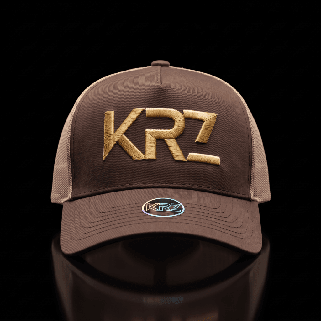 KRZ Brown & Gold Trucker Cap with gold embroidered KRZ logo