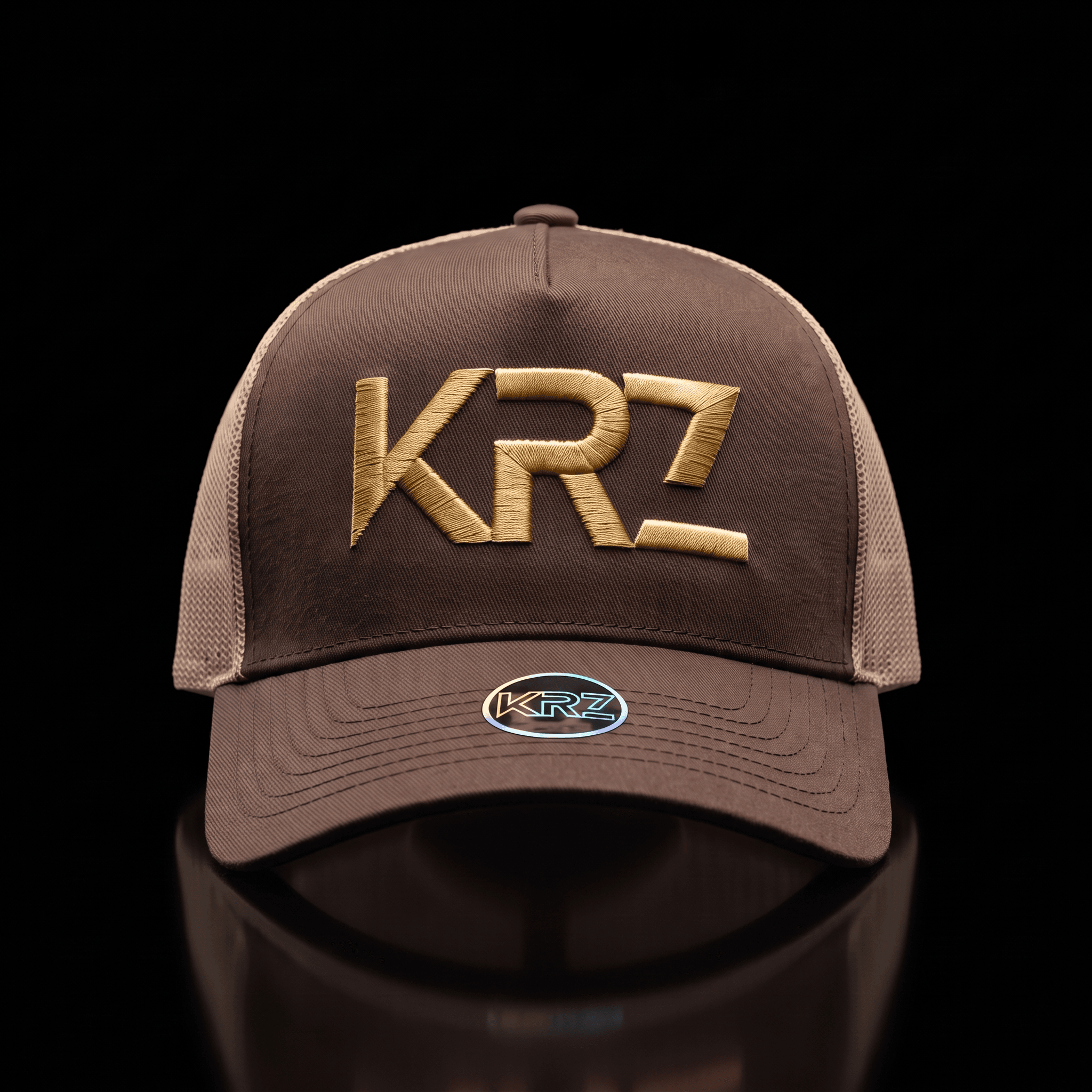 KRZ Brown & Gold Trucker Cap with gold embroidered KRZ logo