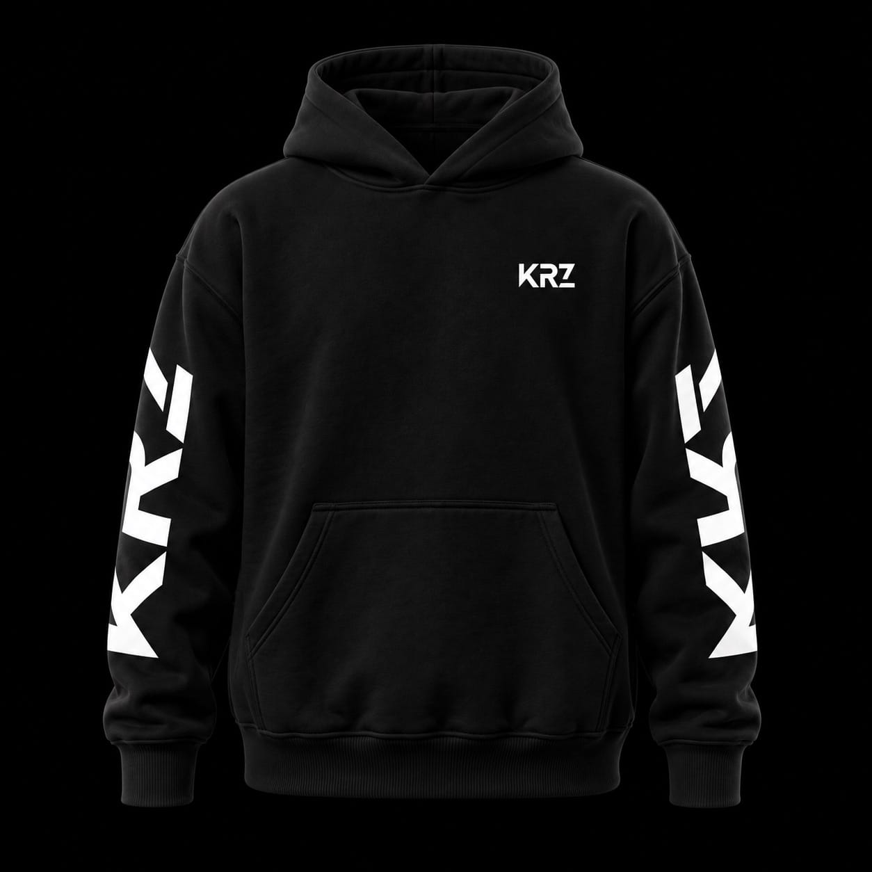 KRZ Signature Black Oversized Hoodie with White Sleeve Logos – Front View