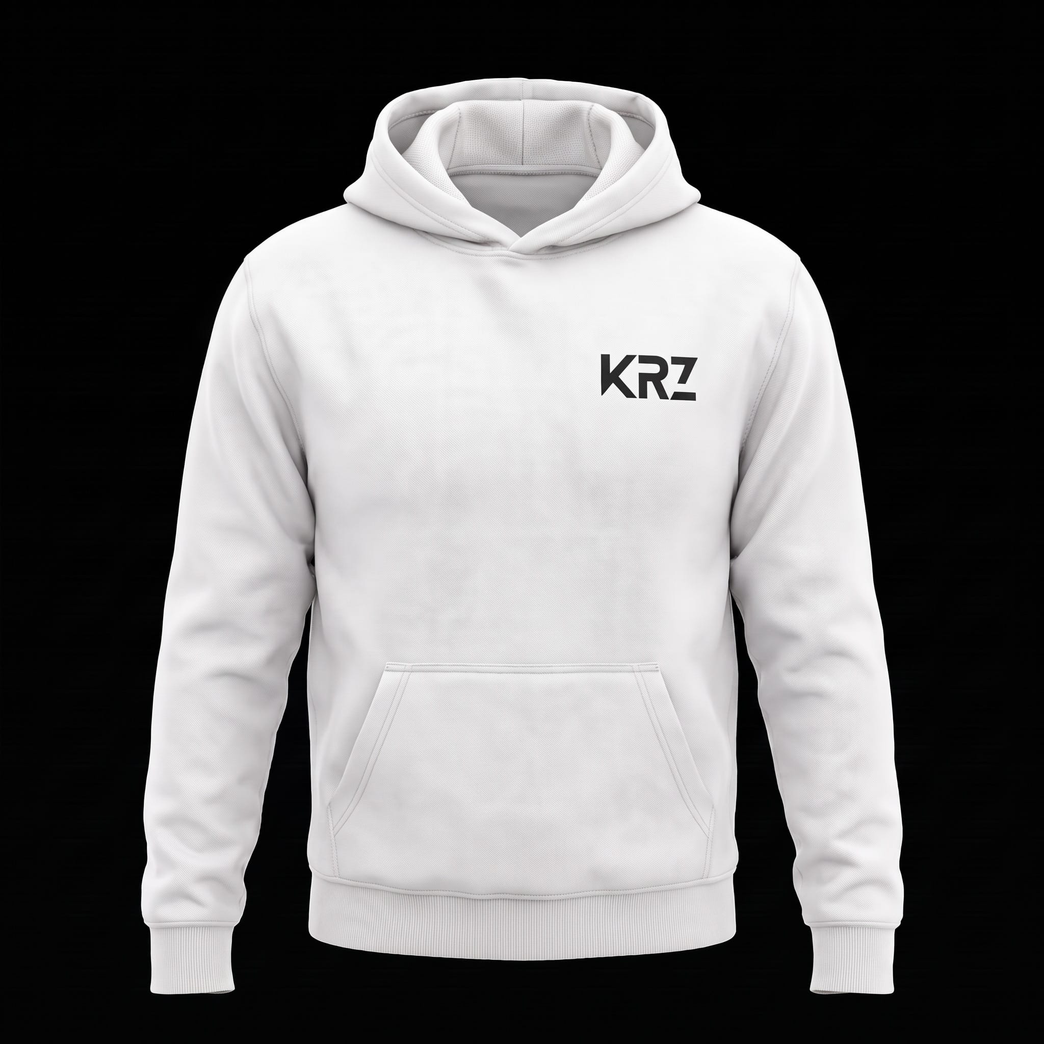 KRZ Subtle White Oversized Hoodie with Black KRZ Chest Logo – Front View