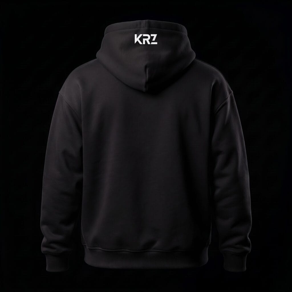 KRZ Subtle black oversized hoodie with white KRZ hood logo – back view