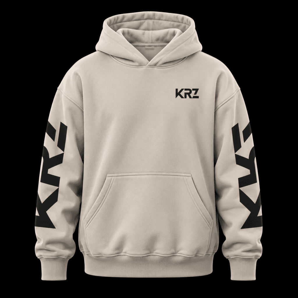 Back view of the KRZ Signature Oversized Hoodie in deep black, featuring bold white KRZ branding wrapped around the outer sleeves. Premium heavyweight oversized streetwear by KRZ Official.