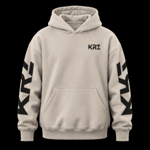Back view of the KRZ Signature Oversized Hoodie in deep black, featuring bold white KRZ branding wrapped around the outer sleeves. Premium heavyweight oversized streetwear by KRZ Official.